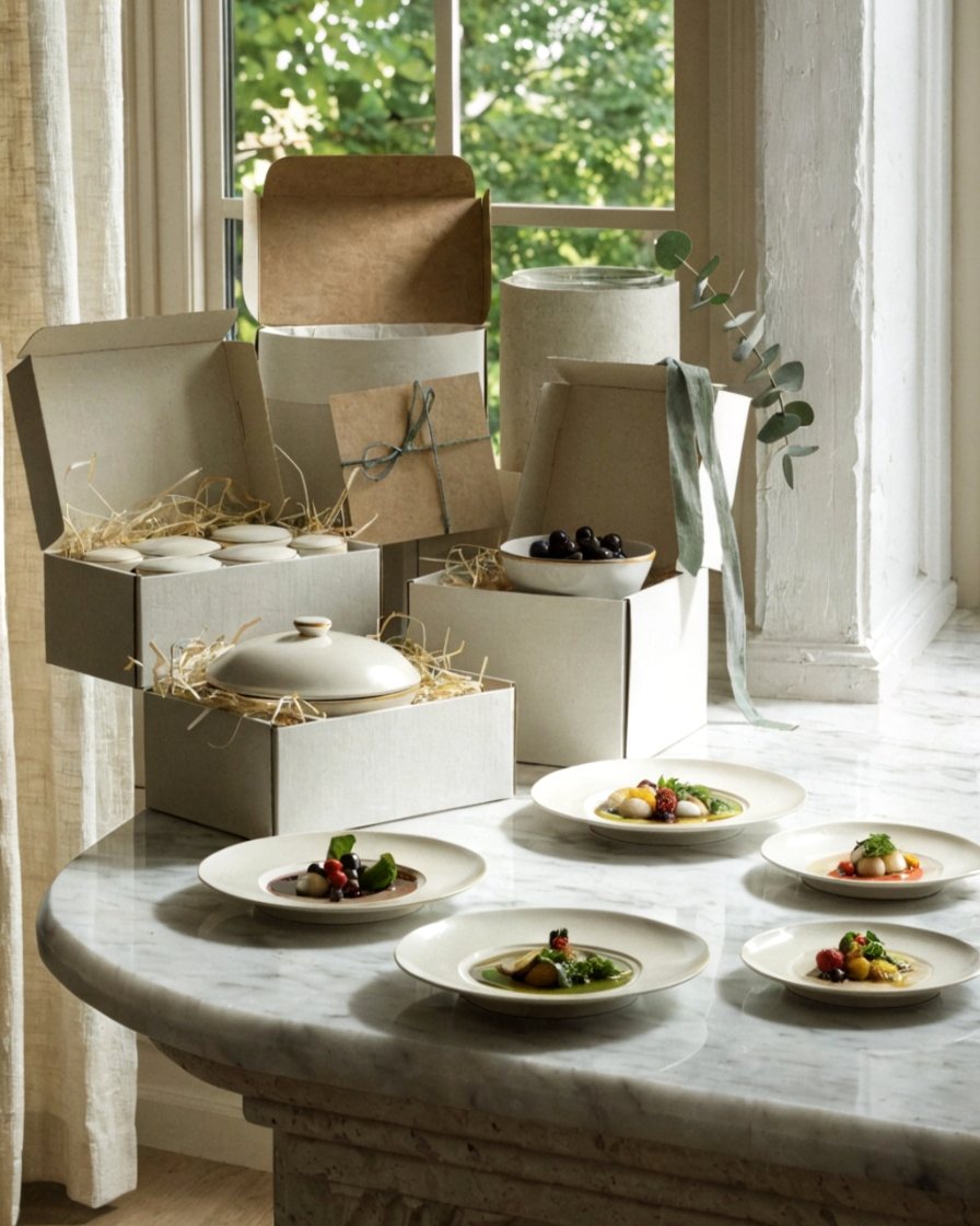 Menu gastronomique livré à domicile, cartons kraft ouverts et plats dressés sur table marbre