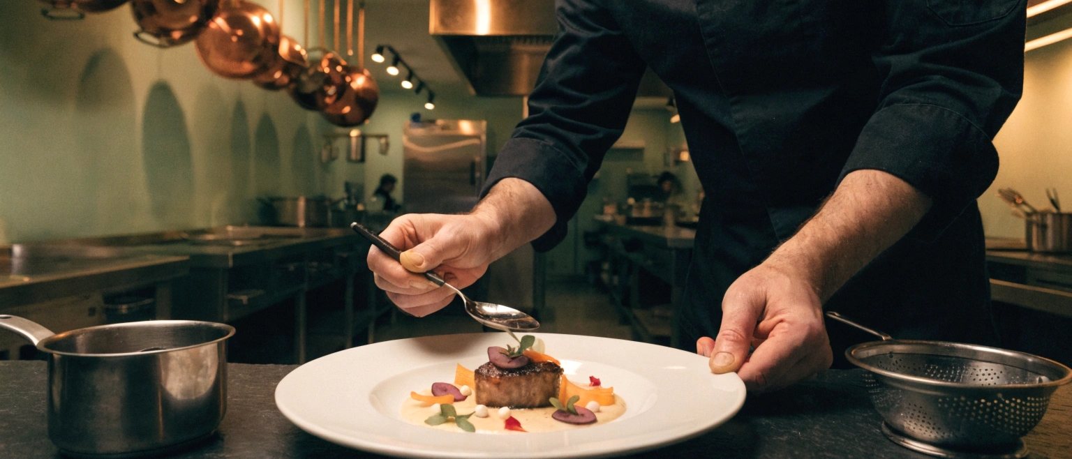 Le chef au dressage, cuivres et cuisine professionnelle