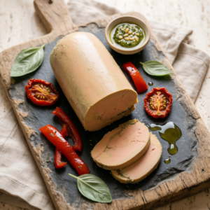 Foie gras aux poivrons confits, tomates séchées et pesto